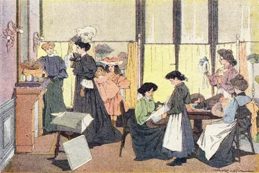 A modista, a gyermekkori képeskönyvben, 1900 körül (metszet)