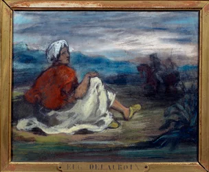 Egy arab vidéken ül az út szélén Eugene Delacroix (1798-1863) pasztellfestménye 19. századi magángyűjtemény