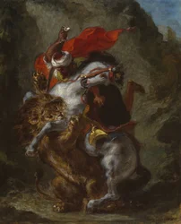 Oroszlán által megtámadott arab lovas, 1849-50