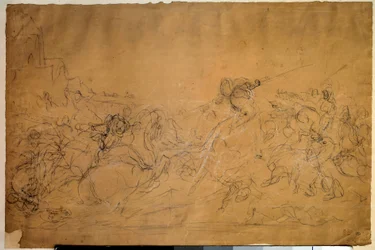 Csatajelenet, rajz lazacpapírra, Eugene Delacroix (1798-1863) 19. századi nap. 0,30 X 0,45 m. Párizs, Louvre Múzeum