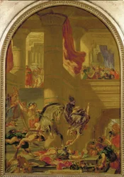 Heliodorosz kiűzetik a templomból, miután megpróbálta elkobozni a templom kincsét (falfestmény).