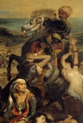 A Scio-mészárlások. Jelenet az oszmánok elleni görög szabadságharcról: halálra vagy rabszolgaságra váró görög civilek, Részlet. Eugene Delacroix festménye (1798-1863)
