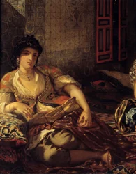 Az algíri nők a Detail lakásukban. Eugene Delacroix (1798-1863) festménye 1834 Dim. 1,80 x 2,29 m Párizs. Louvre múzeum