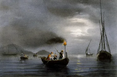 Éjszakai horgászat horgászlámpánál, Ferdinand Perrot (1808-1841) színes litográfiája