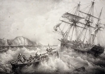 A breton halászhajó legénységének megmentése a svéd Le Neptune hajóval, Litográfiája Ferdinand Perrot
