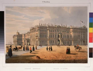 Kilátás a Téli Palotára, Szentpéterváron. Ferdinand Victor Perrot (1808-1841) munkája, litográfia és akvarell papíron