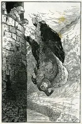 Mese: "kidobták az ablakon, egyenesen a folyóba". Filiberto Scarpelli illusztrációja a "Les petits nains du bois" (Három fiatalember az erdőben) című meséhez a Grimm testvérek "Hófehérke és más mesék" című gyűjteményéből.