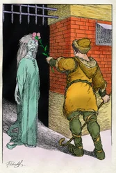 Filiberto Scarpelli (1870-1933) illusztrációja a "" Buona sera Ezzechiello "" (Jó estét Ezékiel) című meséhez a Grimm testvérek "Hófehérke és más mesék" című mesegyűjteményéből, 1920 körül.