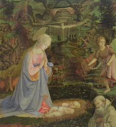 Gyermekimádás a csecsemő Szent Jánossal és Szent Romualddal (tempera a panelen)