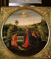 A gyermek Krisztus imádata. Jézus Krisztus gyermeke, akit Szűz Mária és az angyalok imádtak. Filippino Lippi (1457-1504) festménye, 1480 körül. Tempera rézre. Firenzei művészet, reneszánsz időszak. Ermitázs Múzeum, Szent Pet