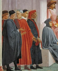 Férfiak középkori ruhában, részlet a Theophilus fiának felneveléséből, Tommaso Masaccio, freskó