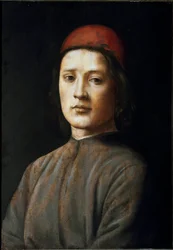 Egy vörös kalapos fiatalember portréja Fülöp-szigeteki Lippi festménye (1457-1504) 15. század Firenze, Galleria degli Uffizi (Irodák)