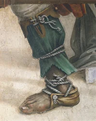 Szent János evangélista Drusiana újraélesztése, Filippino Lippi, lábbeli részlet, freskó