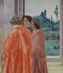 A vita Simon Magóval és Szent Péter keresztre feszítése A keresztre feszítést figyelő három alak részlete, Botticelli filippínói tanár központi portréja, 1480 körüli freskó lásd még 6