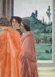 Vita Simon mágussal és Szent Péter keresztre feszítése. A keresztre feszítést figyelő három alak részlete; a központi portrét Filippino tanárának, Botticellinek tartják, kb. 1480, freskó