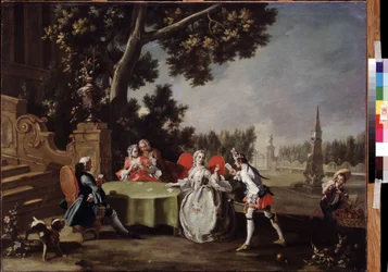 ""A kártyaparti"" Olasz nemesség csoportja, akik kártyáznak a kertben. Filippo Falciatore (1718-1768) festménye 18. századi Puskin Múzeum, Moszkva