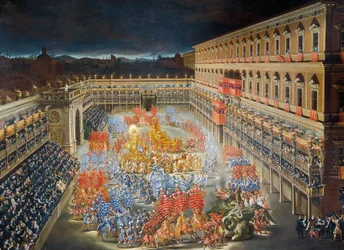 Ünnepek a Palazzo Barberiniben Krisztina svéd királynő 1656-os Rómába érkezésének tiszteletére, Filippo Lauri (1623-1694) és Filippo Gagliardi (1606-1659) festménye, Részlet