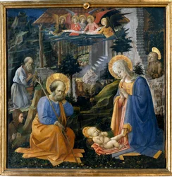 Gyermekimádás Szent Jeromosszal, Szent Hilarionnal, Szent Madeleine-nel és Detrempe angyalokkal, fán, Filippo Lippi (1406-1469) 1455 Firenze környékén, Galleria degli Uffizi (Irodák) - Imádás Szent Józseffel, Szent Jeromosszal, Mária Magdolnával és Szent I