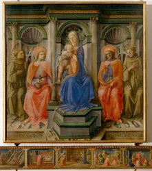 Madonna gyermekével és négy szenttel (tempera, fa)