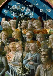 A Szűz megkoronázása. Liliomvirágokat tartó éneklő angyalok részlete. A jobb alsó alak Keresztelő Szent János, Firenze védőszentje. Festmény (1457-1504)