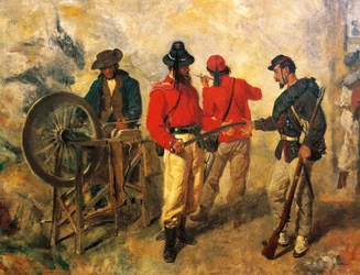 Garibaldini (Garibaldi önkéntesek) nappal a csata előtt, Filippo Palizzi (1818-1899), részlet (olaj, vászon)