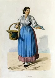 A Nápolyi Királyság kisvállalkozása: Fiatal nápolyi szolga visszatér a menetből. Metszet F. Palizza festménye után. Francesco de Bourcard „” Costumi del regno di Napoli” című művéből”