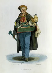 Small business of the city of Naples: a traveling salesman of brandy. Engraving after a painting by F. Palizza. From a work by Francesco de Bourcard “” Costumi del regno di Napoli””