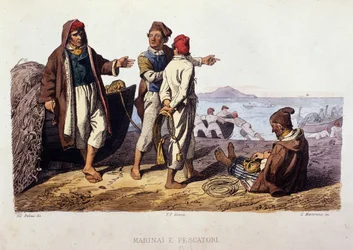A Nápolyi Királyság kis csapata: tengerészek és halászok. Metszet F. Palizza festménye után. Francesco de Bourcard „” Costumi del regno di Napoli” című művéből”