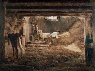 Egy istálló belsejének látképe "", Filippo Palizzi (1818-1899) festménye