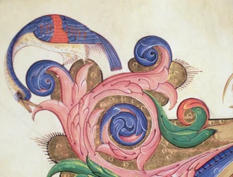 Missal 515 f.169r Fantasztikus madár a lombok körül, a díszítés részlete egy 1449 előtt készült kóruskönyv történeti kezdőbetűjét körülvevő 56720-as hártyarészlet