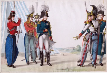 Alexandre Ier, Russie cár (1777-1825) - I. Sándor cár és orosz tisztek - Finert (Finart), Noel Dieudonne (1797-1852) - 1815 - Akvarell papíron - 23,3x34,5 - Magángyűjtemény