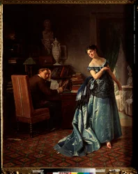 Egy divathölgy, készülődés egy bálra – Firs Szergejevics Zsurajev (1836-1901) festménye, olaj, vászon