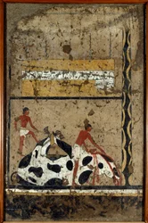 Egyiptomi antiquitis: a bikát szarkofág előtt áldozzák fel. Detrempe agyagon és szalmán Iti király tábornokának és kancellárjának sírjából a Luxor melletti El Ghebelenben. Kr.e. 2200-2000. Torino, egyiptomi múzeum