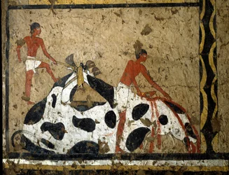 Egyiptomi antiquitis: a bikát szarkofág előtt áldozzák fel. Detrempe agyagon és szalmán Iti király tábornokának és kancellárjának sírjából a Luxor melletti El Ghebelenben. Kr.e. 2200-2000. Torino, egyiptomi múzeum
