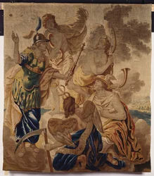 Gyapjúból és selyemből szőtt brüsszeli kárpit, amely különböző istenségeket ábrázol, mint Minerva, Apolló, Diana, Merkúr és Cornus felhők között