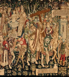 Katedrális (The Seo. Ca katedrális a Megváltó Zaragoza). A gobelinmúzeum. Flamand kárpit. A Szent Kereszt legendája (The legend of the Holy Cross, of legend of the Holy Cross). Részlet. kb. 1450. 430x1120cm.