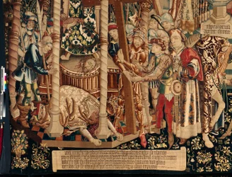 Katedrális (The Seo. Ca katedrális a Megváltó Zaragoza). A gobelinmúzeum. Flamand kárpit. A Szent Kereszt legendája (The legend of the Holy Cross, of legend of the Holy Cross). Részlet. kb. 1450. 430x1120cm.