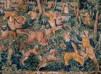 Flamand gobelin. Szarvasvadászat (Szarvasvadászat). Oudenaarde stúdió. 295x331 cm. Inv (82941)-1 / MAGÁN. 17. század.