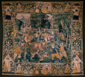 Flamand kárpit. Szarvasvadászat (Szarvasvadászat). Oudenaarde műterme. 295x331 cm. Inv (82941)-1 / MAGÁN. 17. század.