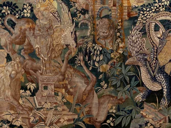 Flamand kárpit. Táj pergolával és nagy vadállatokkal, 2 oszloppal. Oudenaarde műterme. 319x508 cm. Inv 0023. 17. század.