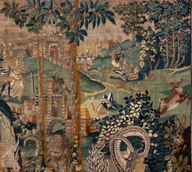 Flamand kárpit. Táj pergolával és nagy vadállatokkal, 2 oszloppal. Oudenaarde műterme. 319x508 cm. Inv 0023. 17. század.