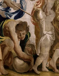 Flamand kárpit. Az Eucharisztia apoteózisa sorozat. Manna betakarítása (Recogida del maná). A rajzfilm modellt Rubens eredeti példányáról másolta. brüsszeli gyártás. Gyártó: Frans van den Hecke. 17. század közepe. Szövet Selyem és gyapjú, 7/8 lánc per cm.