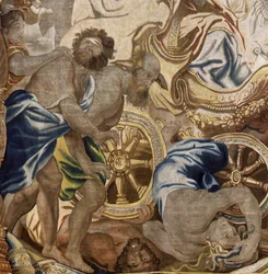 Flamand kárpit. Az Eucharisztia apoteózisa sorozat. Az egyház diadala (Triunfo de la Iglesia). A rajzfilm modellt Rubens eredeti példányáról másolta. brüsszeli gyártás. Gyártó: Frans van den Hecke. 17. század közepe. Szövet Selyem és gyapjú, 7/8 láncfonal