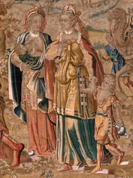 Flamand kárpit. sorozat Ézsau és . Jákob és Ézsau találkozása (Encuentro entre Jacob y Esaú). Harmadik kárpit a sorozatban. Gyártás Hollandia, 16. század második fele. Szövet Gyapjú. Hely Bari Szent Miklós-templom (a múzeum megnyitása