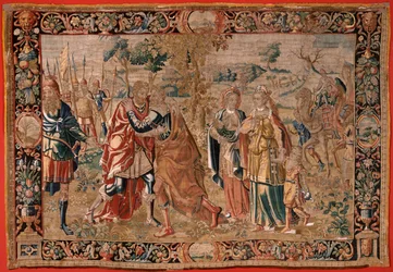 Flamand kárpit. sorozat Ézsau és . Jákob és Ézsau találkozása (Encuentro entre Jacob y Esaú). Harmadik kárpit a sorozatban. Gyártás Hollandia, 16. század második fele. Szövet Gyapjú. Hely Bari Szent Miklós-templom (a múzeum megnyitása