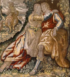Flamand kárpit. Galantry sorozat (Galante). Pár zenésszel (Pareja con músico). Gyártás Brüsszel, 17. század eleje. Szövet Selyem és gyapjú, 5/6 lánc per cm. Mérete 348 x 263 cm. Hely San Millán de la Cogolla templom, Oncala (Soria). Eredet