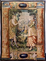 Flamand kárpit. Galantry sorozat (Galante). Galáns jelenet (Escena galante). Gyártás Brüsszel, 17. század eleje. Szövet Selyem és gyapjú, 5/6 lánc per cm. Mérete 348 x 263 cm. Hely San Millán de la Cogolla templom, Oncala (Soria). Eredet A donatio