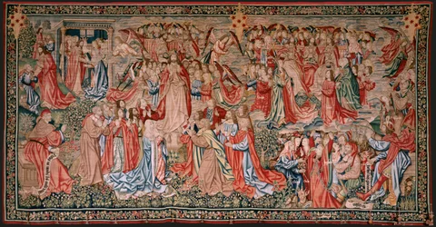 Flamand kárpit. Emberi megváltás vagy bűnök és erények sorozat. Krisztus felmegy a mennybe, és az ember megváltódik Isten előtt (Cristo asciende al Cielo y el Hombre se redime ante Dios). Kilencedik kárpit a sorozatban (a negyedik a Palenciában őrzött kárp