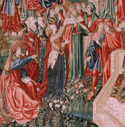 Flamand kárpit. Emberi megváltás vagy bűnök és erények sorozat. Krisztus, a Megváltó gyermekként (Cristo Salvador como Niño). A sorozat ötödik kárpitja (a második a Palenciában őrzött kárpitok közül). Brüsszel gyártása, műhelye. Kb 1510. Mérete 425 x 800 c