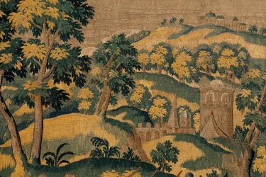 Flamand kárpit. Sorozat Cyrus története. No VI Tomyris elrendeli, hogy Cyrus fejét mártsák egy véredénybe (Tomiris manda sumergir la cabeza de Ciro en un recipiente lleno de sangre). Anonymous, Michiel Coxcie alapján. Atelier Antwerpen. Selyem és woo